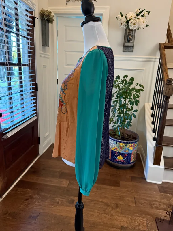 Flying Tomato NWOT Unique Embroidered Camel, Green and Navy Women's Blouse - Image 3