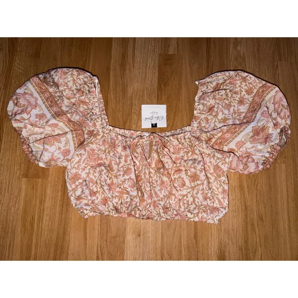 By The River Boho Cottage Core Floral Puff Sleeve Crop Top Pink Tan Small - Image 2