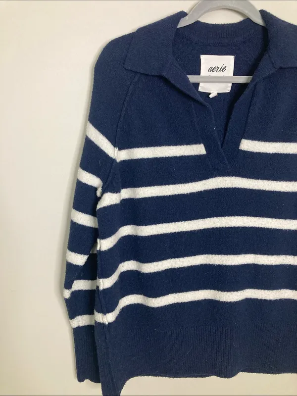 aerie Navy & White Striped V‑Neck Polo Sweater - Image 3