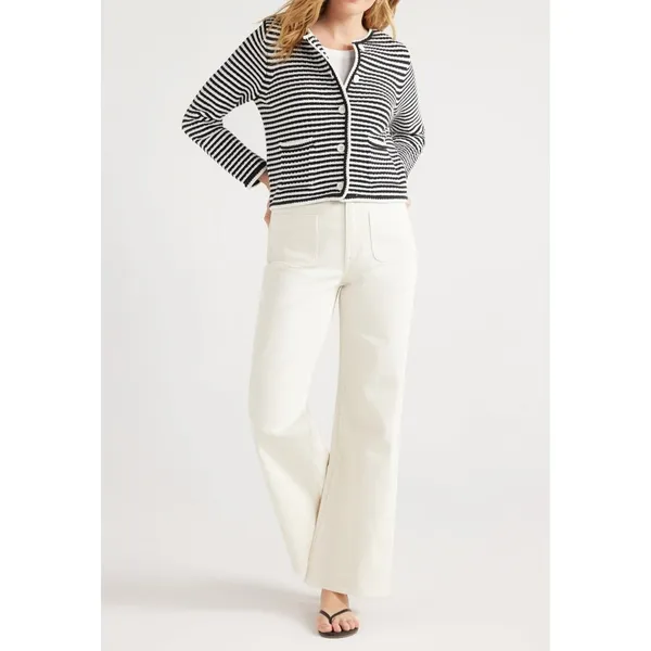 Free Assembly Womens Cardigan Size XS Black Stripe Crochet Trim Long Sleeve Soft - Image 5