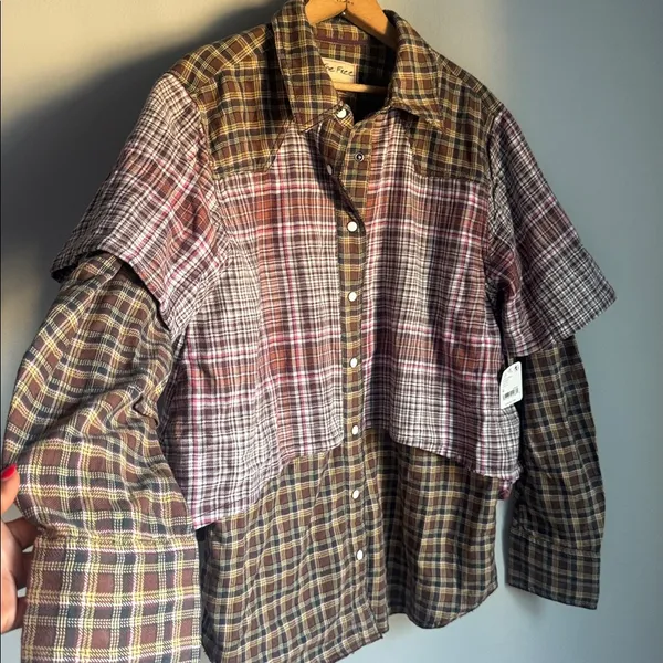 NEW Free People Layer it Up Plaid Flannel Snap Down Top Medium - Image 8