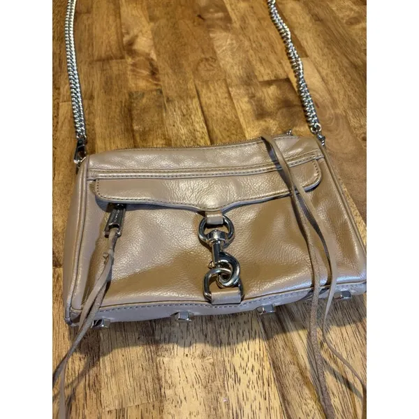 REBECCA MINKOFF Mini M.A.C. Crossbody Beige Tan Leather Studded Silver Moto Boho - Image 2