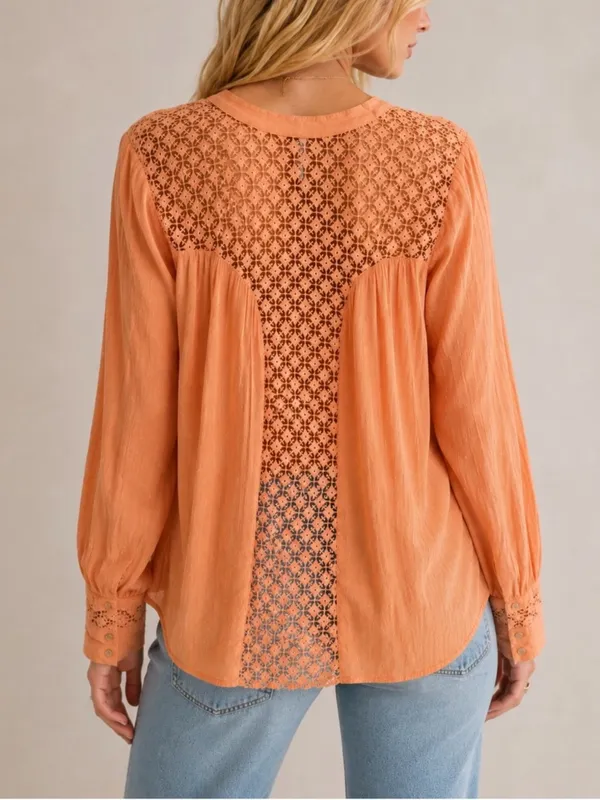 Free People Orange Crochet Lace Button Down Blouse - Image 2