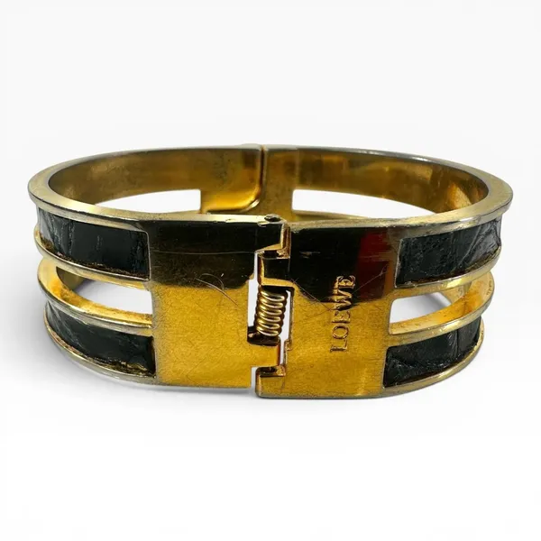 Loewe Gold Tone Black Leather Hinged Bangle Cuff Bracelet 7in Logo Designer - Image 2
