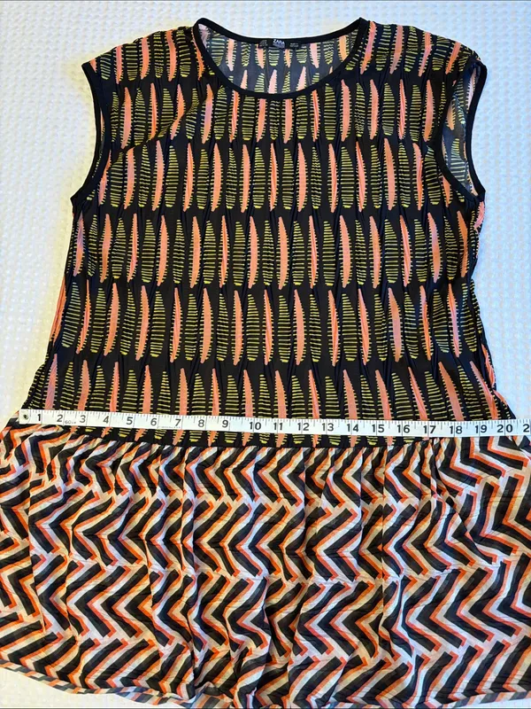 Zara MEDIUM Boho Tunic Top Sleeveless Blouse Black Coral Patterned Ruffle Hem - Image 11
