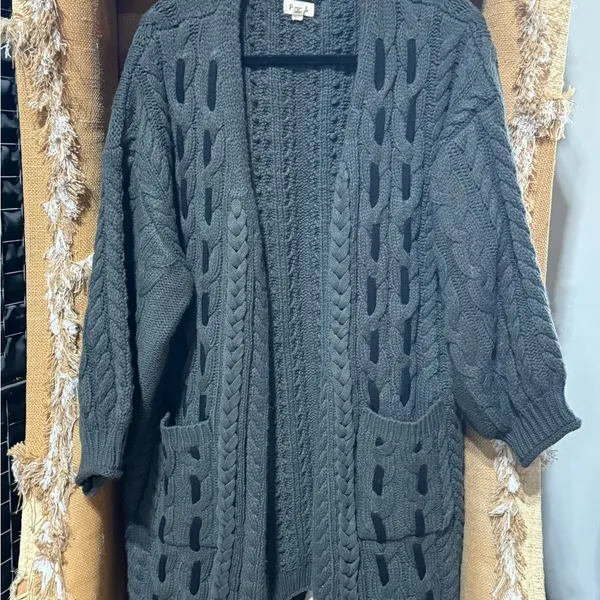 POL Chunky Cable Knit Long Line Slouchy Open Cardigan Sweater Gray S - Image 2
