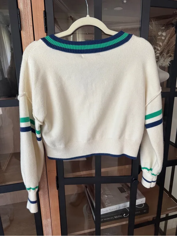 Altar’d state varsity cropped sweater vneck kelly green striped navy knit ribbed - Image 4
