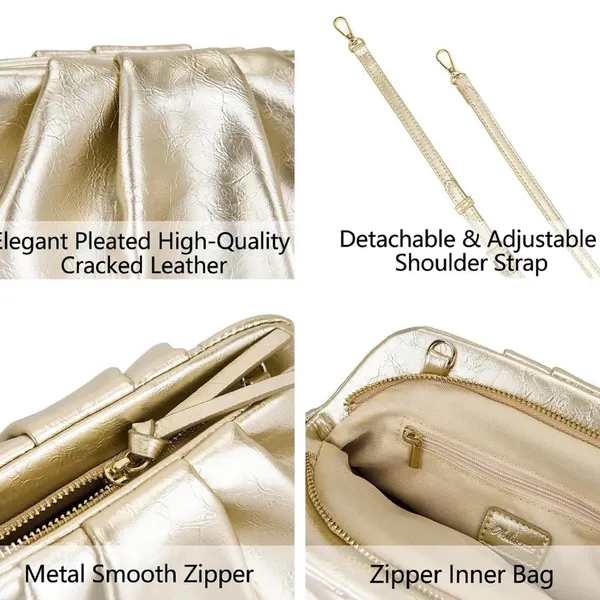 Gold Pleated Evening Clutch Bag Shiny Leather Formal Wedding Crossbody Purse - Image 6