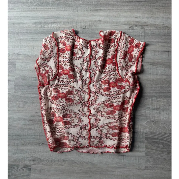 Free People Oh My Baby Mesh Tee L NWOT Sheer Y2K Fairy Grunge Top Red Floral - Image 5
