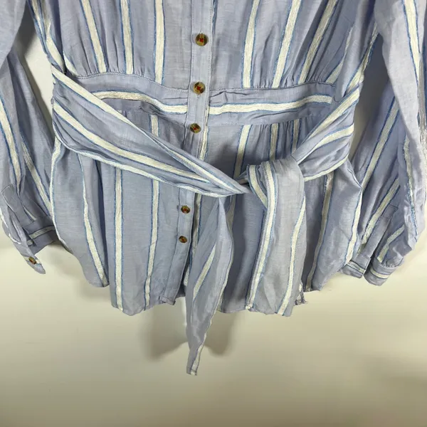 Anthropologie Building Blue‎ White Striped Tie Waist Button Down Blouse Top Sz 8 - Image 3