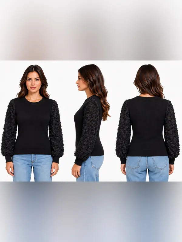 Anthropologie Black Textured Puff Sleeve Sweater Size Large Statement Sleeve - Image 2