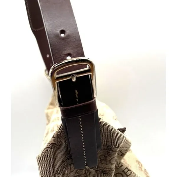 Dooney & Bourke Beige Signature Logo Canvas Shoulder Bag Brown Leather Strap - Image 7