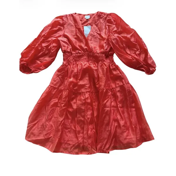 A‎ New Day NWT Balloon Long Sleeve Shirring Mini A-line Dress Orange-Red XS - Image 2