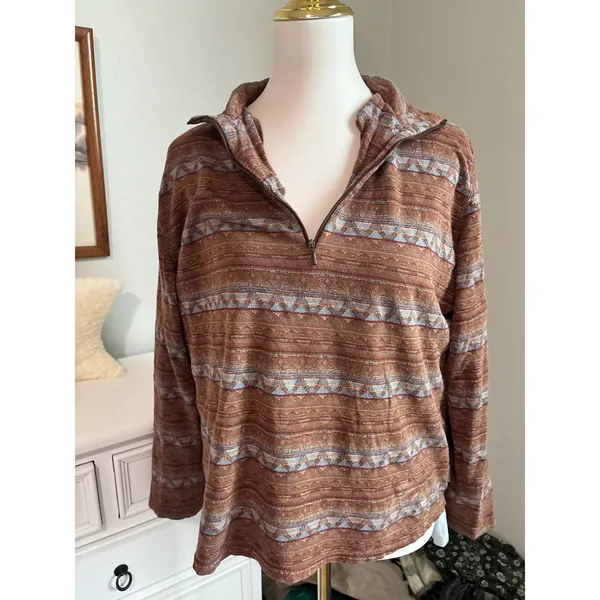 granola Southwestern boho Woolrich Pullover Brown Geometric Quarter Zip Large - Image 5