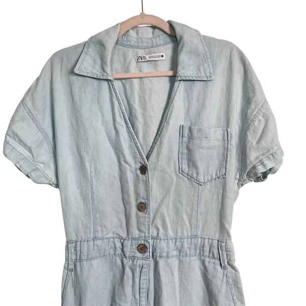 Zara Women’s Blue Denim Cotton‎ Linen Blend Jumpsuit Size Medium - Image 4