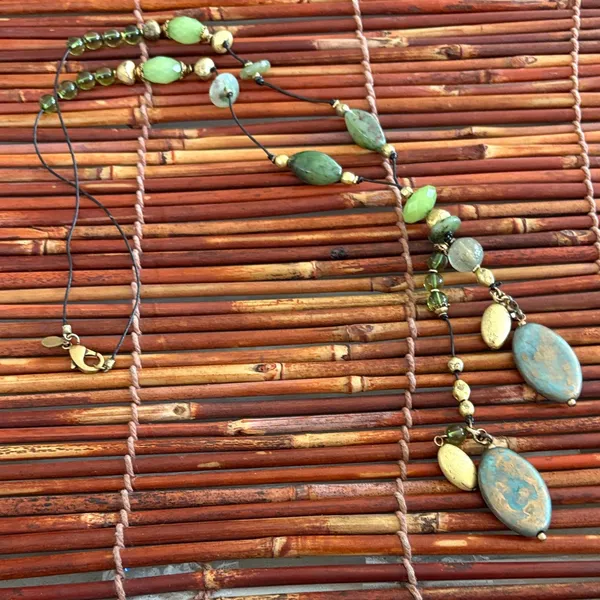 Chico's Green and Gold Statement Tassel Necklace 28” - Image 2