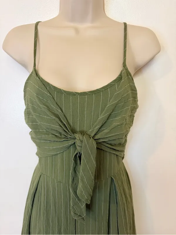 Flying Tomato Wide Leg Pinstripe Tie Front Keyhole Back Strap Jumpsuit Green S - Image 5