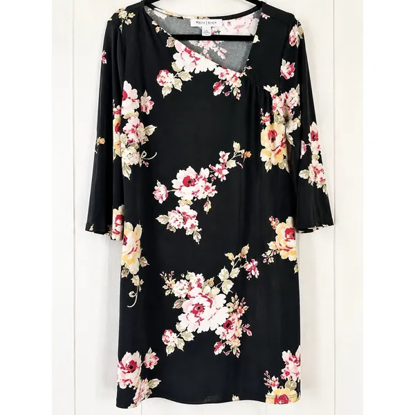 WHBM Black Floral Shift Dress XL Pink Rose Print 3/4 Sleeve Career Church - Image 2