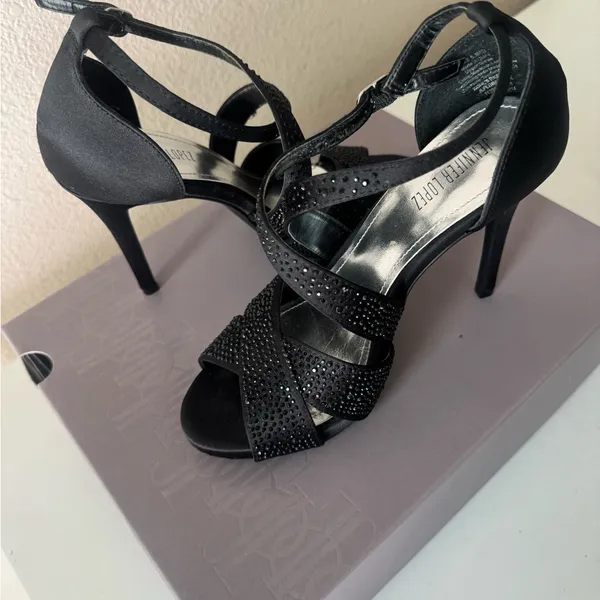 Jennifer Lopez Black Strappy Crystal Accent Heels - Image 10