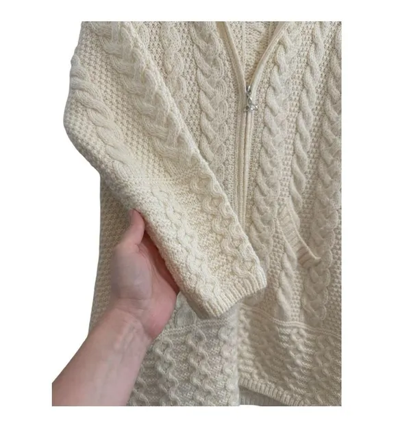 Aran Crafts 100% Merino Wool Chunky Cable Knit Hooded Sweater Zip Up Jac… - Image 3