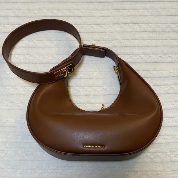 Charles & Keith Brown Curved Shoulder Hobo Bag Gold Hardware 3-in-1 - Image 2