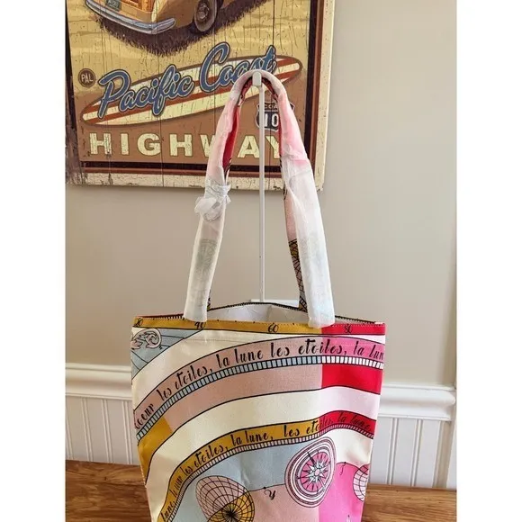 Tory Burch Celestial Canvas Tote Bag Moon Stars Pink Multicolor Large - Image 11
