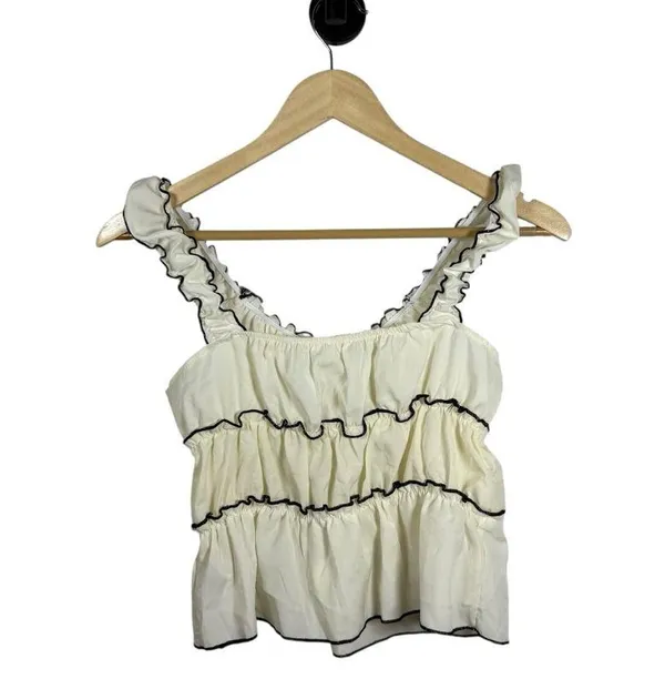 Sugarkiss Women’s Contrast Trim Ruffle Bow Top Ivory/Black Size L - Image 6