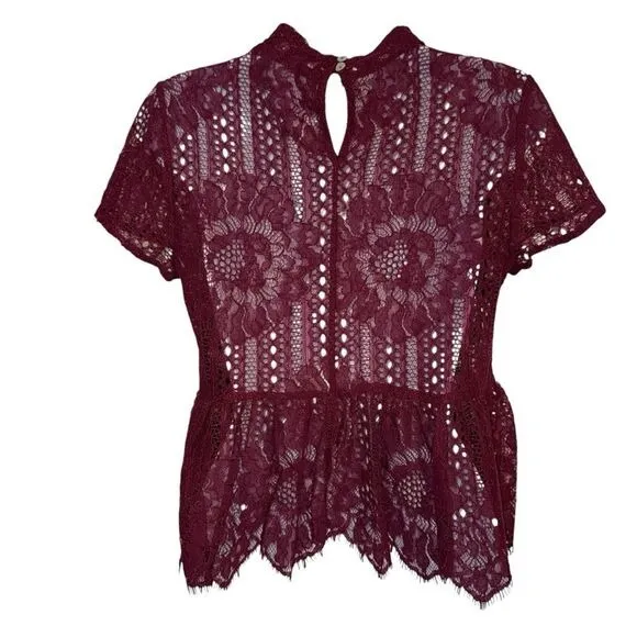 ANTHROPOLOGIE Wine Crochet and Lace Peplum‎ Hem Blouse NWOT Size XS - Image 6