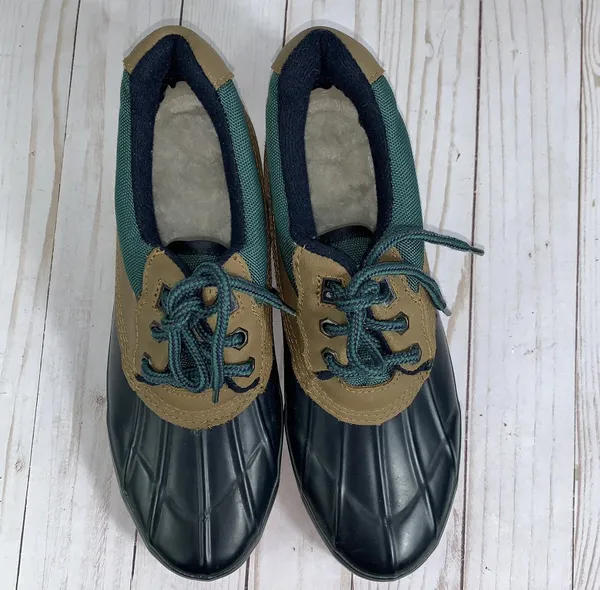 Vintage B.A. Sport weatherproof low top duck rain boots womens size 9 black/green/tan. Insoles of Dupont, Thermolite performance insulation - Image 7