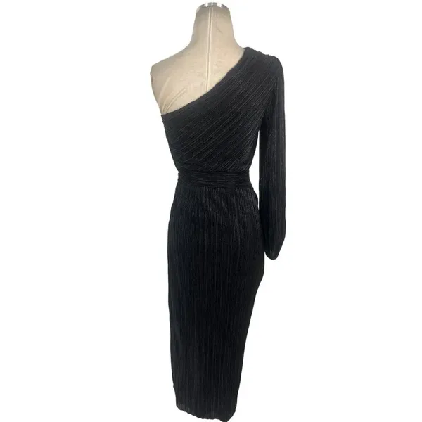 Saylor Alora Dress in Black Metallic Womens Plisse One Shoulder Midi - Image 8