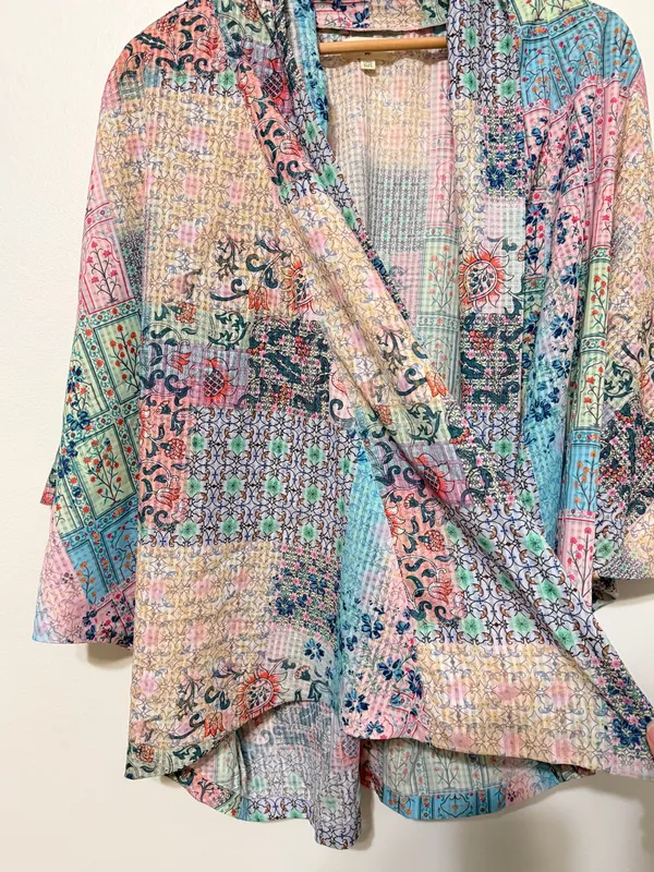 World Market Floral Boho Patchwork Open Front Kimono Cardigan one size pink blue - Image 6