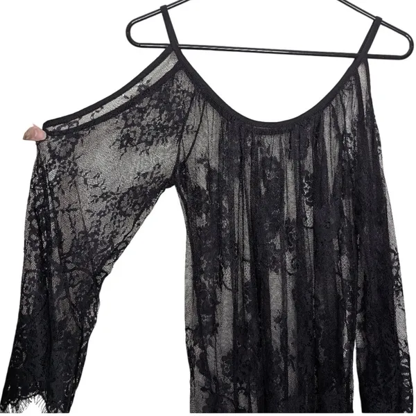 Black Floral Sheer Lace Mini Dress Coverup S Resort Witchy Whimsigoth Romantic‎ - Image 16
