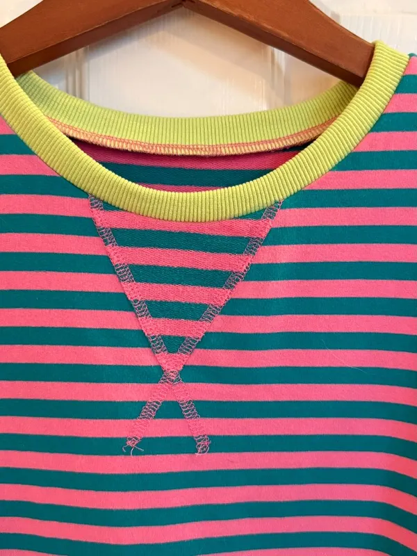 Striped Medium Sweatshirt Pull Over Pink Blue Neon Yellow Green Boho Oversized - Image 3