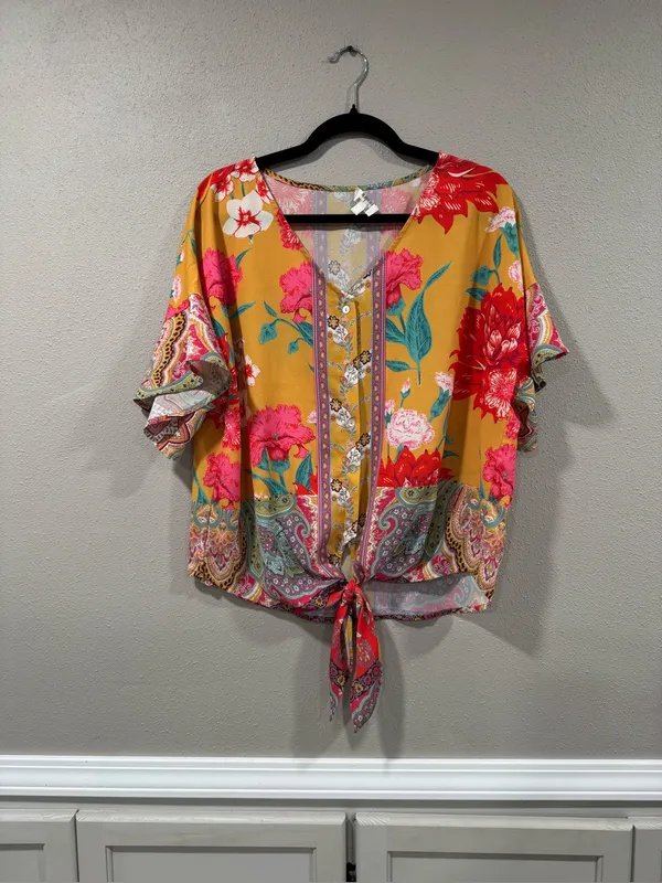 Umgee Floral Tie-Front Boho Blouse in Mustard - Image 2