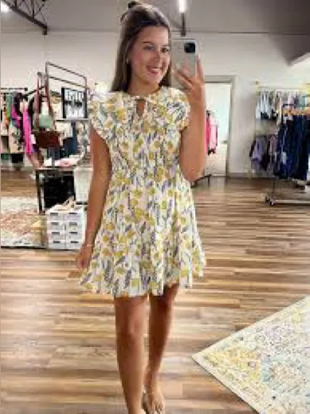 Umgee Honey Smocked Dress Cream Floral Button-Front Yellow Peter Pan collar - Image 7