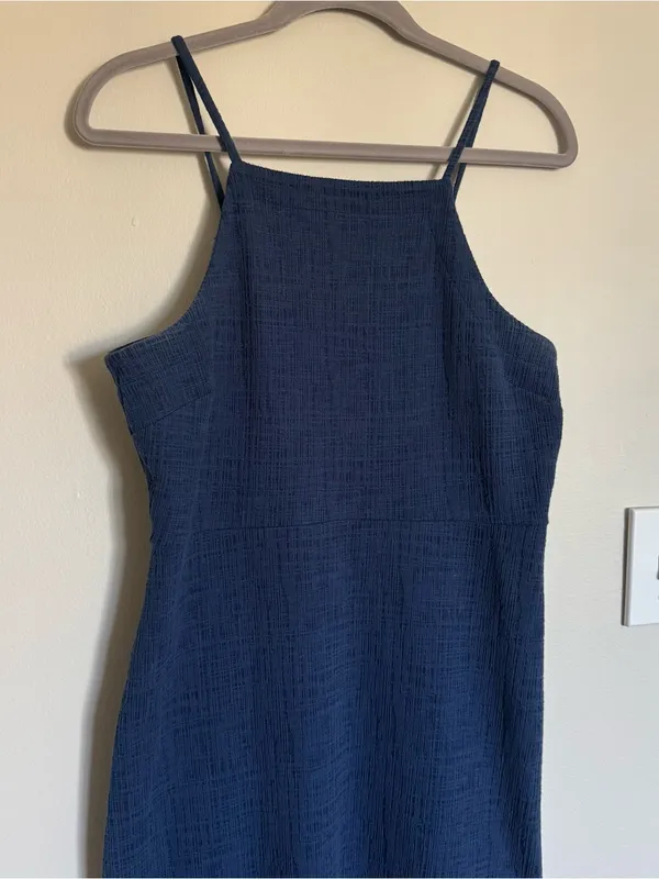 Madewell Blue Navy Indigo Knit Texture Knee-Length Midi Apron Cami Dress Size M - Image 4