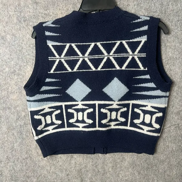 navy woman Size 2 Small blue geometric motif button-up sweater vest‎ - Image 5