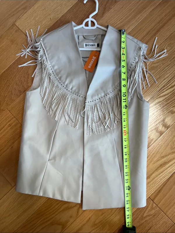 Pesion Fringed Faux Leather Vest Cream bedazzled festival concert cowgirl wear - Image 8
