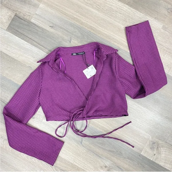 Zara Houndstooth Cropped Polo Top Purple Black‎ Small Long Sleeve Deep V-neck - Image 15