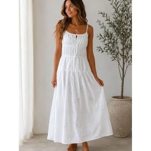 Sim & Sam Eyelet Dress Beachy Seashell Sun Star Nautical White Milkmaid Pockets - Image 3