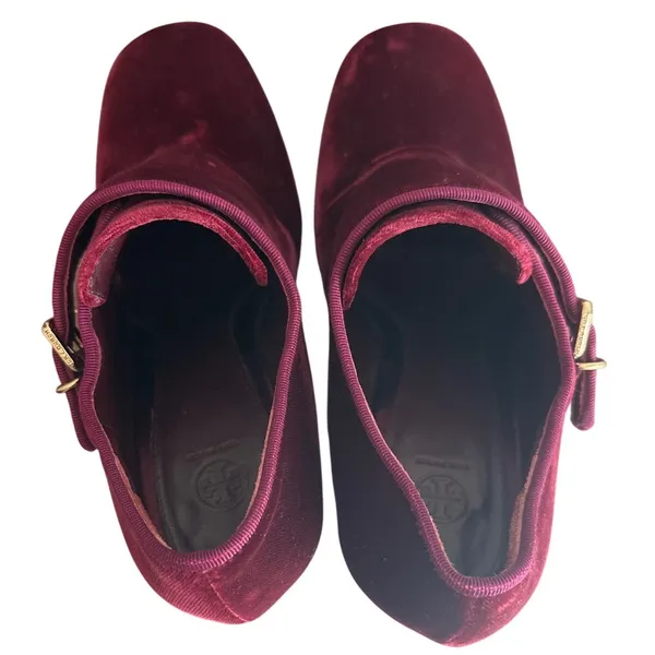 Tory Burch Carley Burgundy Velvet Double Buckle Block Heel Booties 6.5 - Image 4