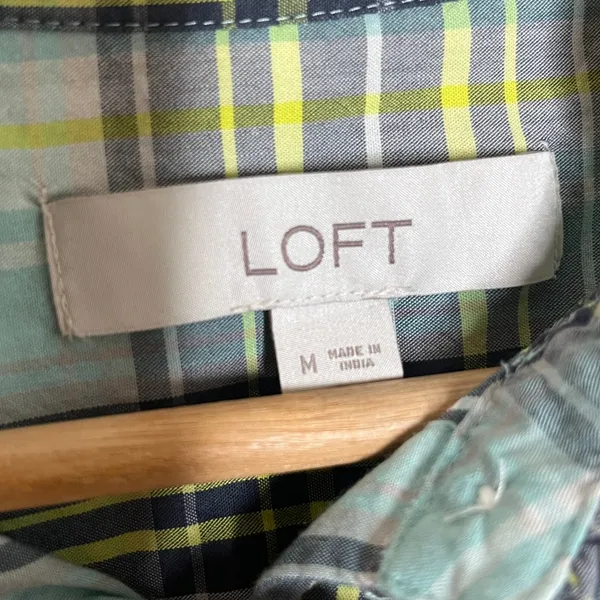 Loft Women's Green Plaid‎ Ruffle Neck Long Sleeve Cotton Shirt Size Medium - Image 2