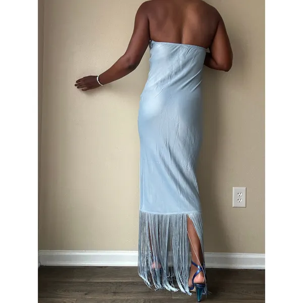 Camila Coelho Blue Halter Neck Fringe Maxi Dress Size Small - Image 4