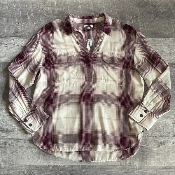 Madewell NEW Long Sleeve Flannel Popover Shirt Womens XL Plaid Burgundy Tunic - Image 3
