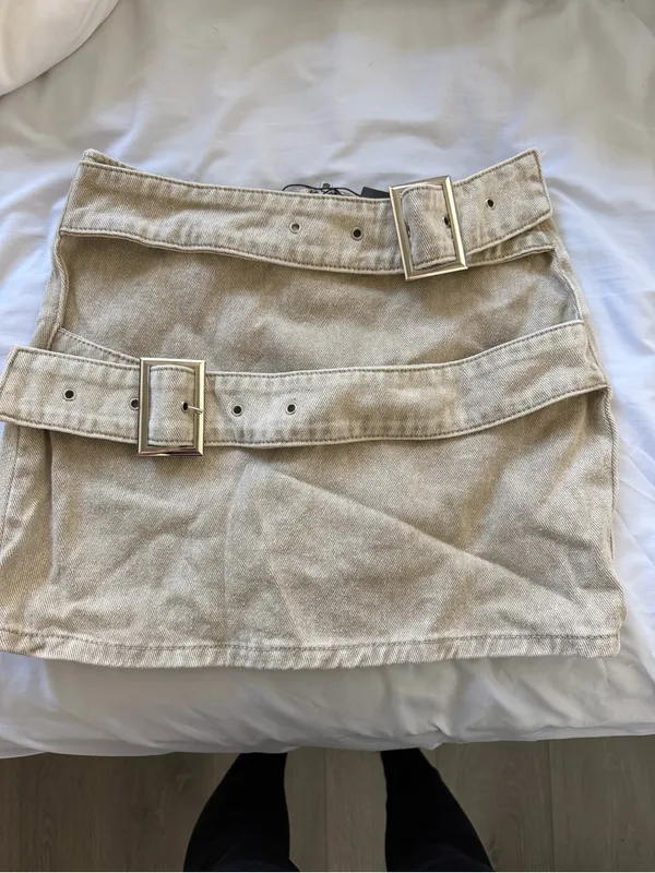 PrettyLittleThing Beige Mini Skirt with Double Buckle Straps - Image 2