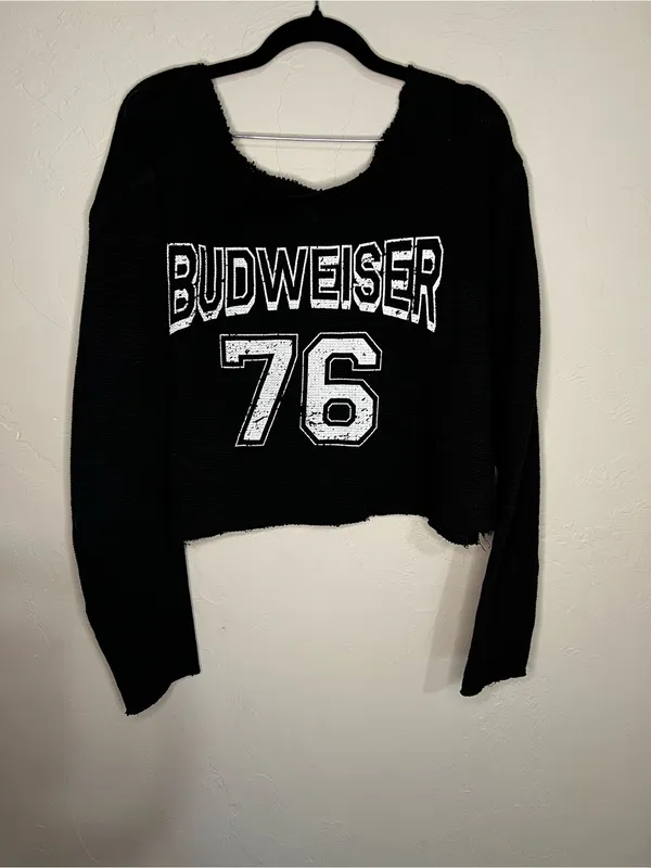 Budweiser‎ 76 Black Raw Hem Off Shoulder Oversized Thermal Graphic Crop Top - Image 2