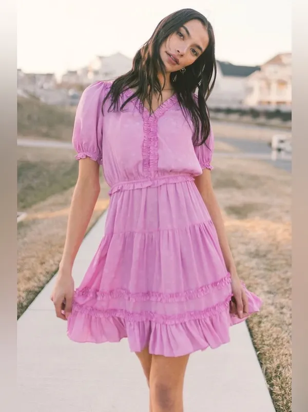 Current Air Gigi mini dress orchid short puff sleeves ruffle textured floral - Image 2