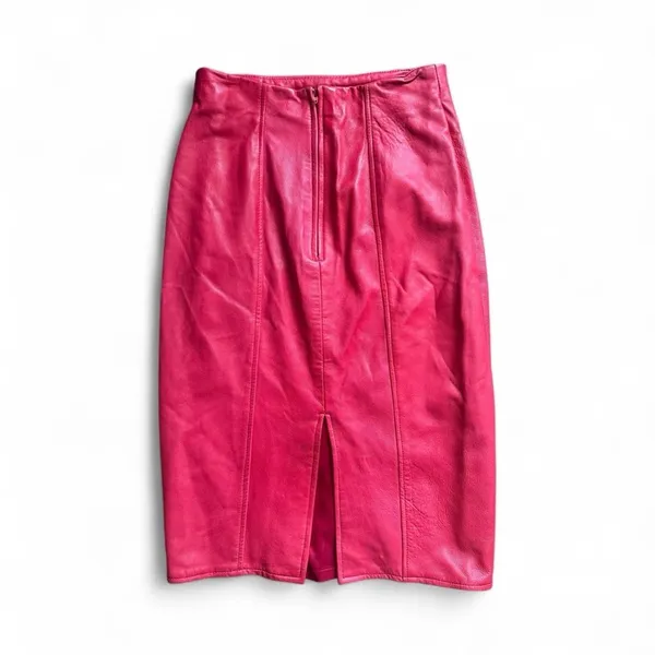 Vakko Vintage Hot Pink Red Leather Pencil Skirt Size 8 High Waist Midi Minimal - Image 4