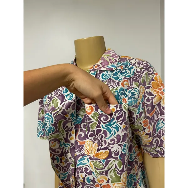 Picture Perfect Vintage Floral Button Down Shirt Short Sleeve Purple Teal Large - Image 6
