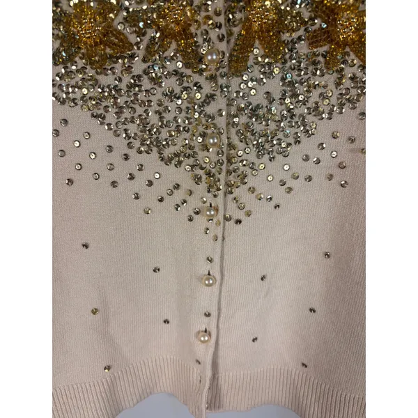 Moda International Cardigan Womens M Beige Silk Sequin Beaded Star - Image 9